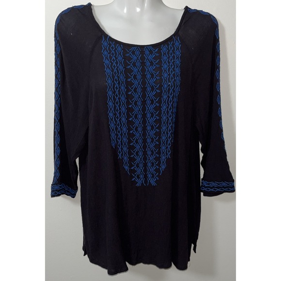 Garnet Hill Top S Black Blue Embroidered Boho Peasant Cottagecore Hippie - Picture 2 of 8